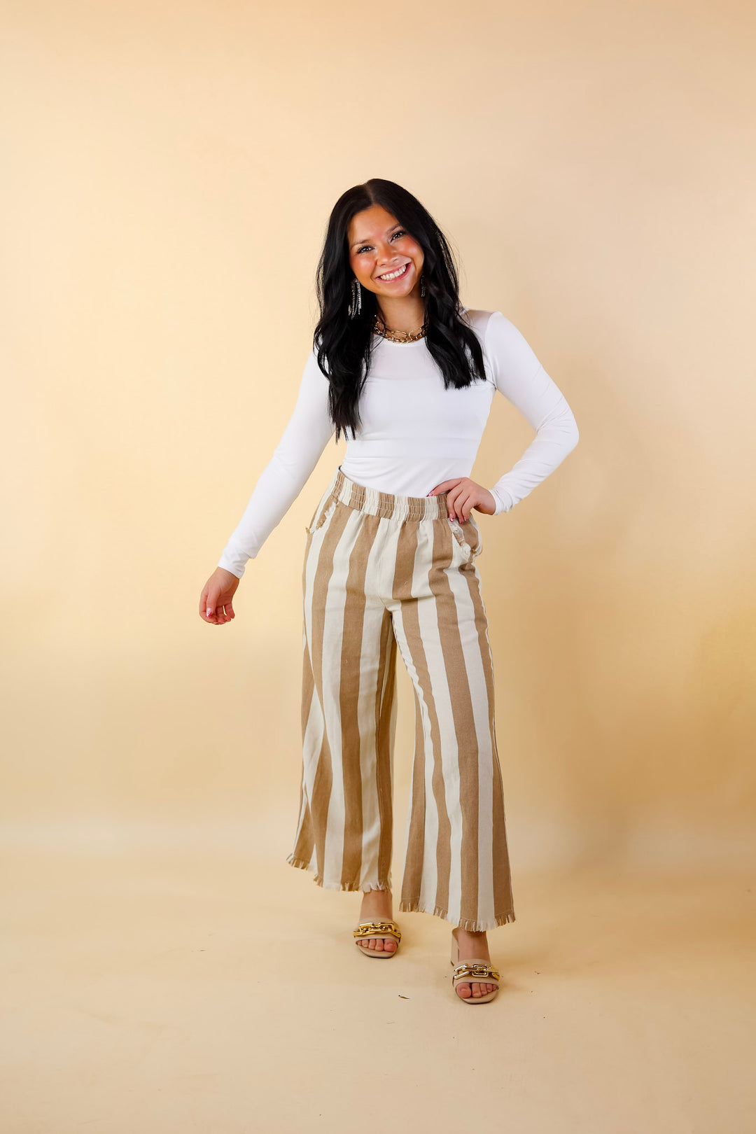 Right On Cue Elastic Waistband Striped Cropped Pants with Frayed Hem in Taupe - Giddy Up Glamour Boutique