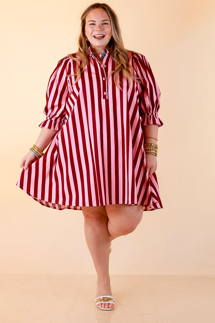 Talk of the Town Striped Ruffle Sleeve Babydoll Dress with Cinched Waist Feature in Maroon and Pink