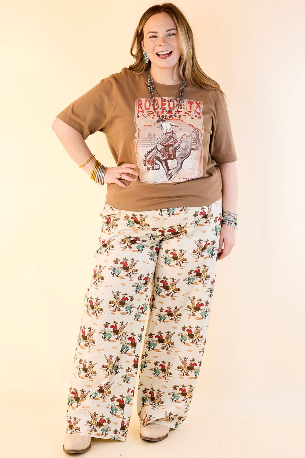 Newest Trend Cowboy Print Cotton Pants with Elastic Waistband in Ivory