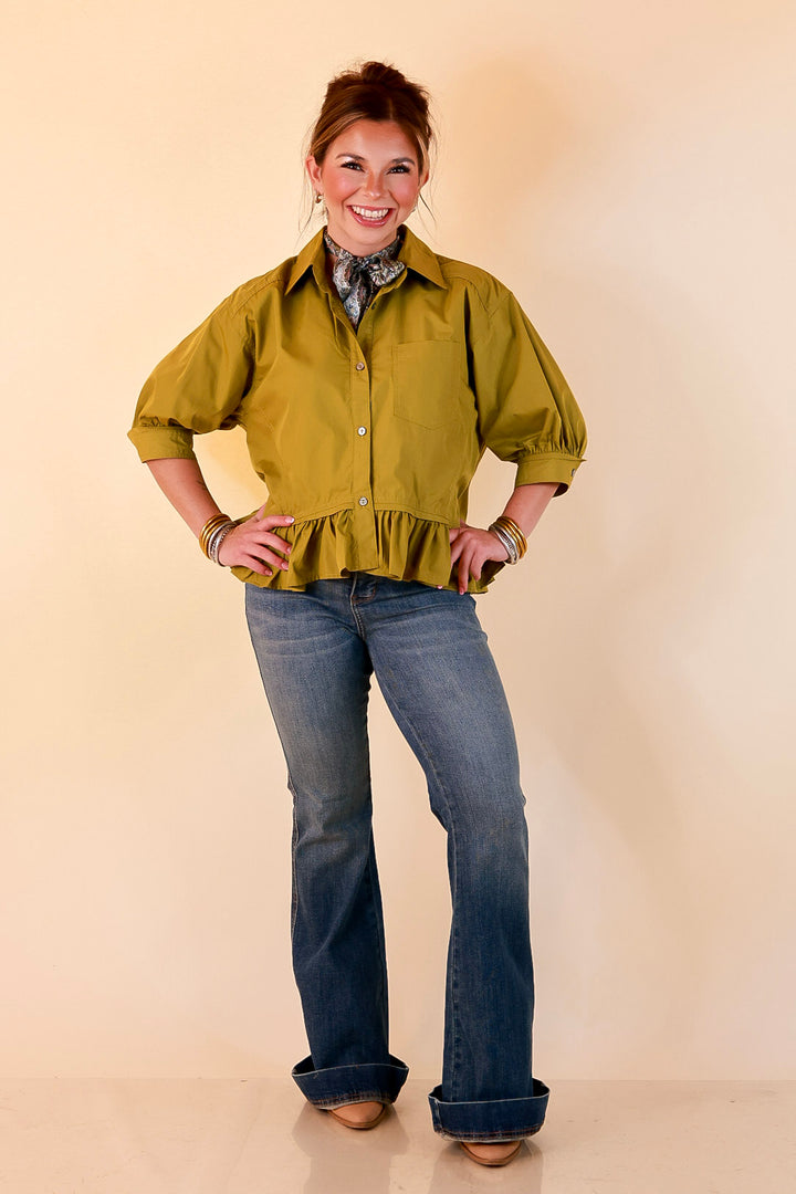 Style Agenda Solid Button Down Peplum Top in Chartreuse Olive Green