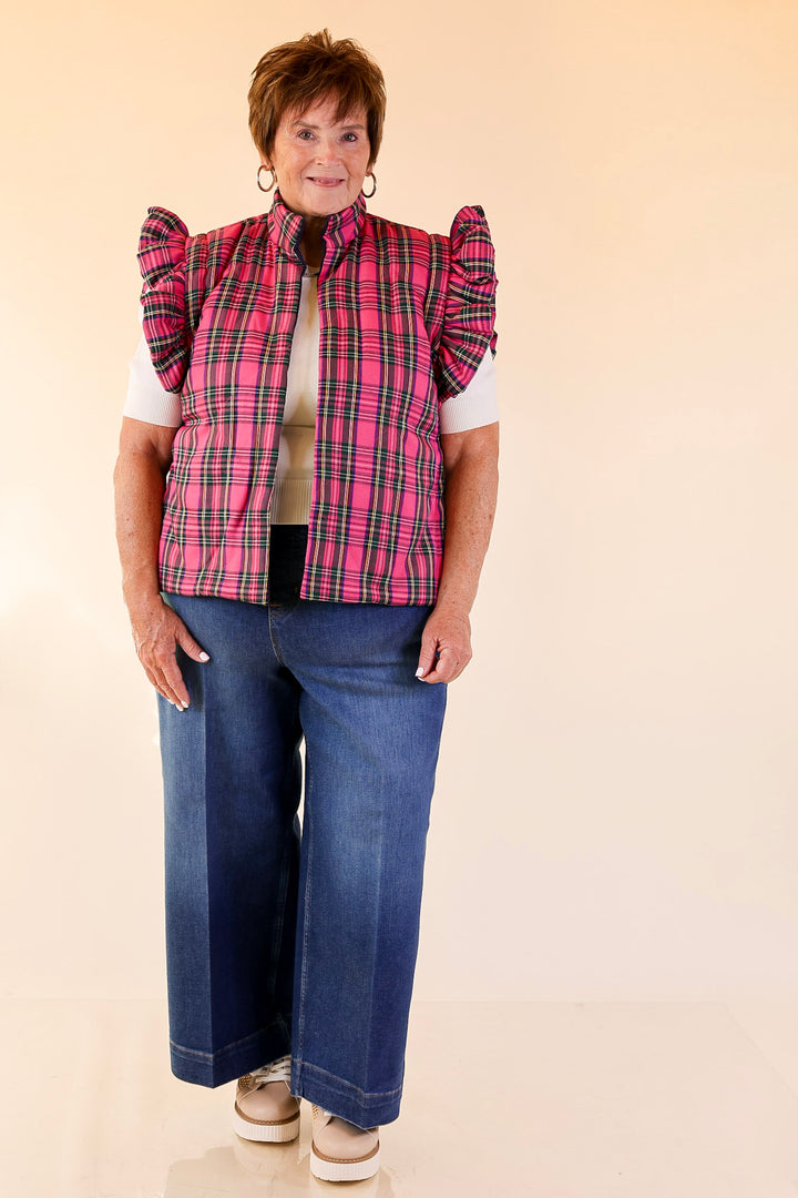 Mud Pie | Jefferies Quilted Plaid Reversible Vest with Ruffle Cap Sleeves and Bow Side Closure in Pink