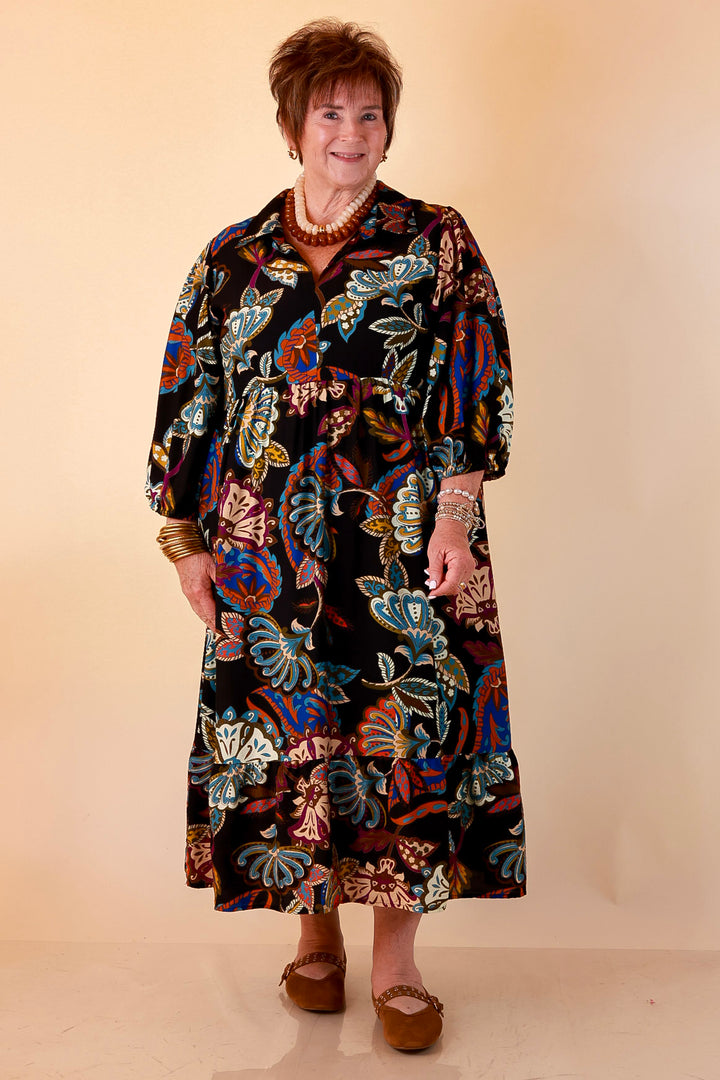 Season of Style Floral Print V Neck 3/4 Sleeve Collared Tiered Midi Dress in Black Multi