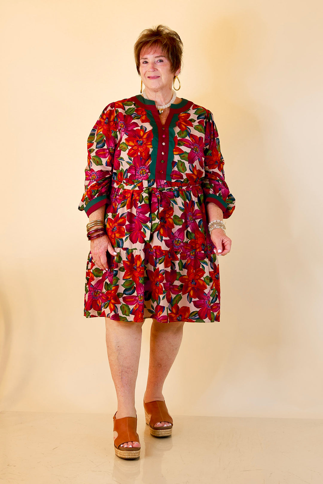 Color Me Confident Floral Print Button Front Contrast Trim Dress in Ivory, Plum and Emerald Green