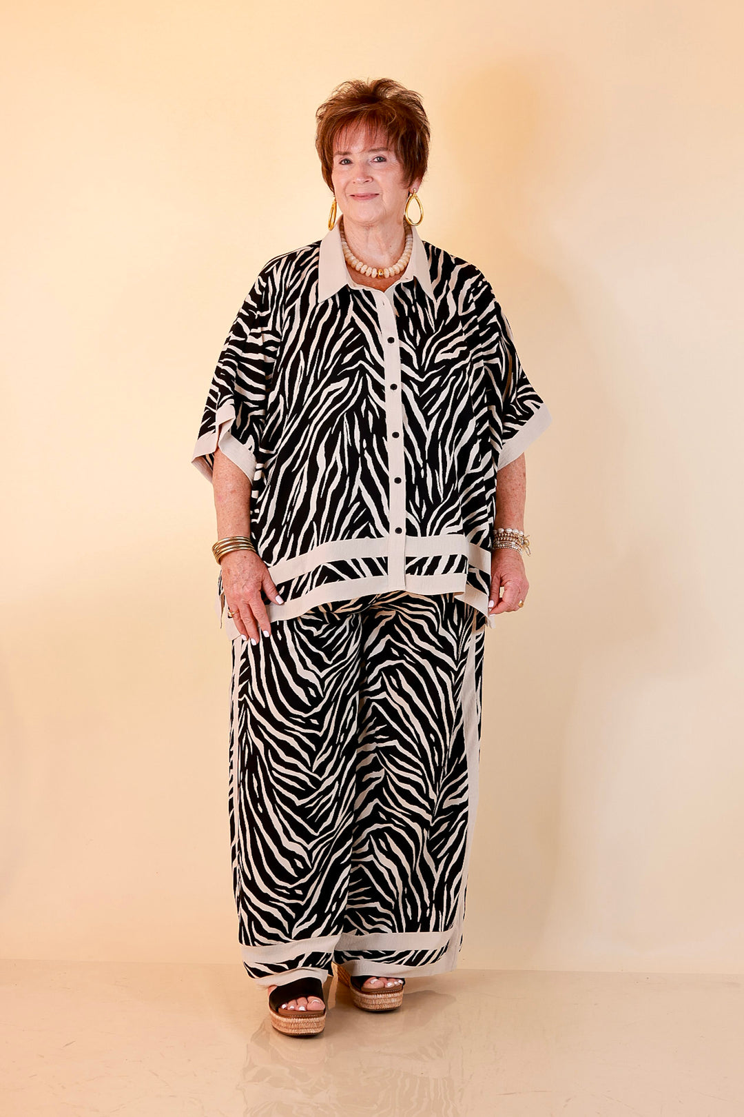 First Class Chic Button Front Collared Top with Matching Wide Leg Pants Set in Black and Ivory Zebra Print