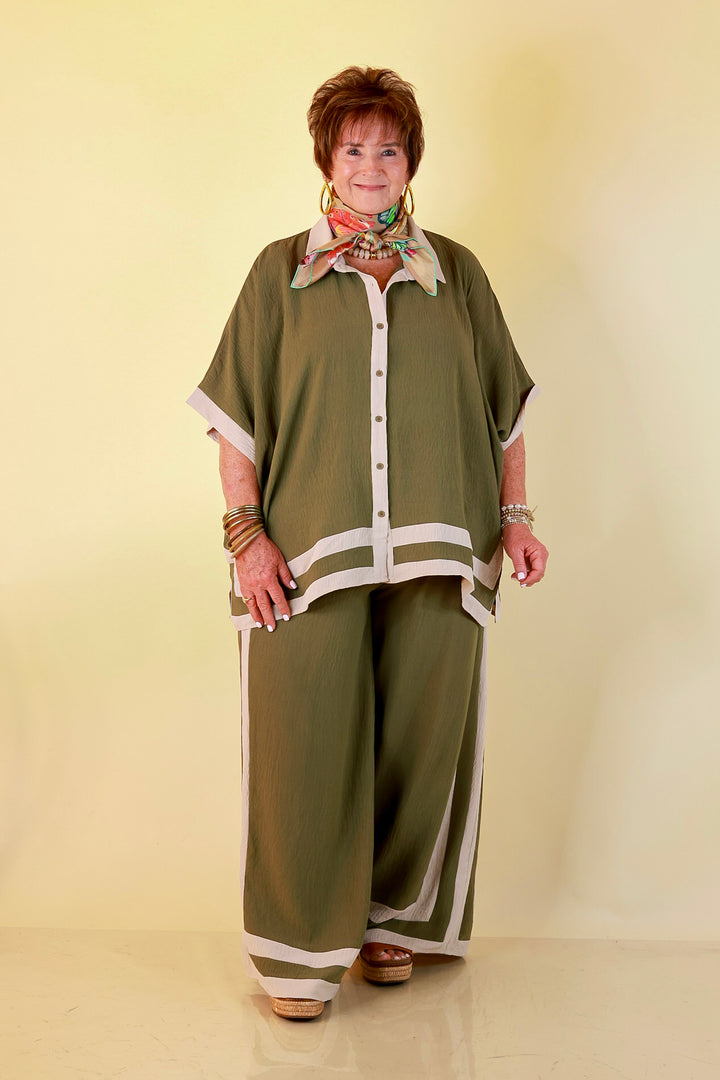 First Class Chic Button Front Collared Top with Matching Wide Leg Pants Set in Olive Green and Ivory