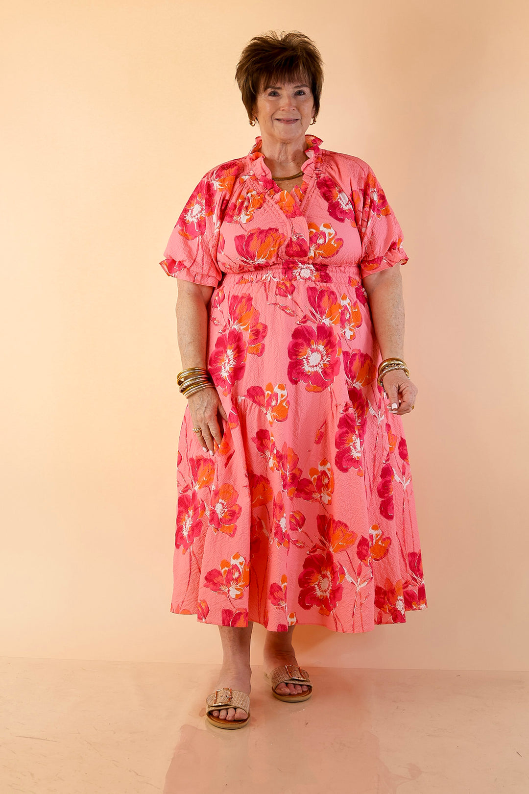 Breezy Belle Floral Print Textured Puff Sleeve Midi Dress with Smocked Waist in Pink Mix