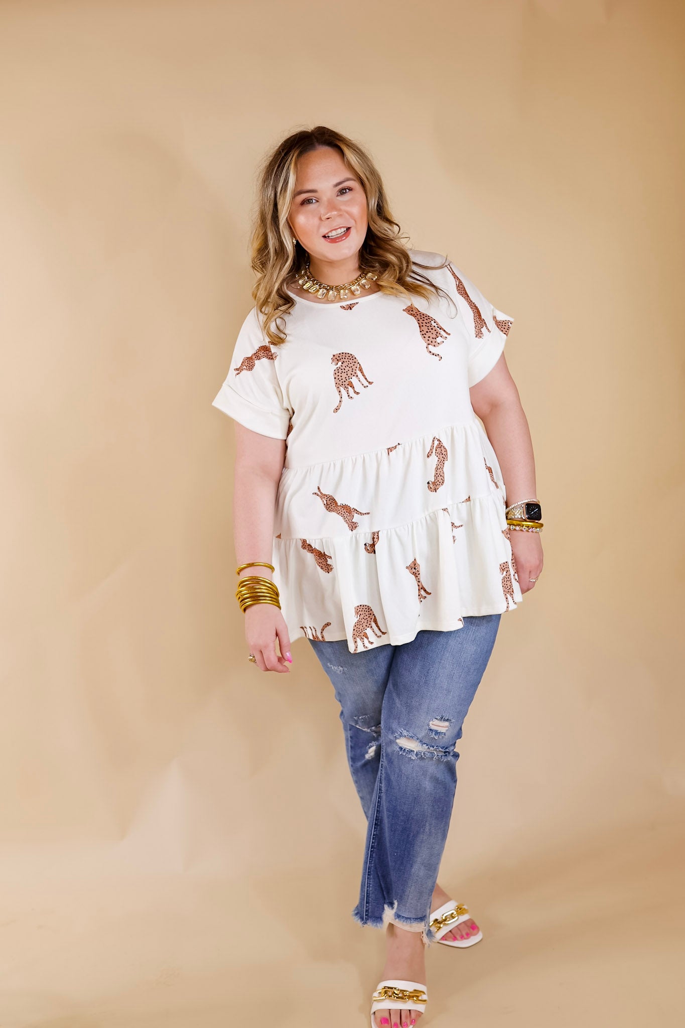 Feeling Wild Cheetah Print Tiered Babydoll Top in Ivory - Giddy Up Glamour Boutique