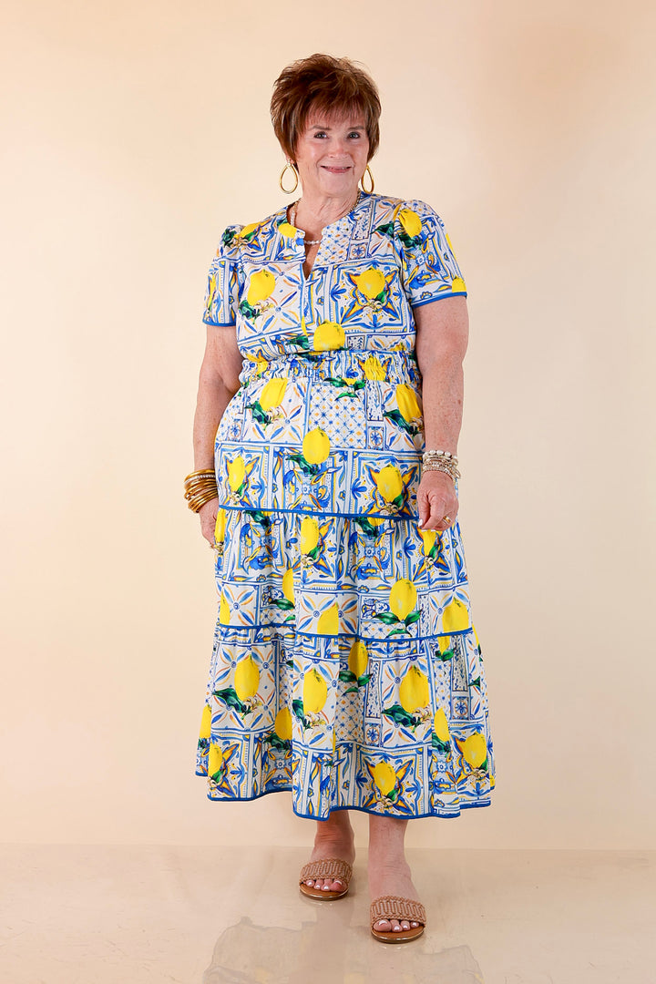 Villa Views Lemon and Tile Abstract Print Tiered Midi Dress in Blue and Yellow