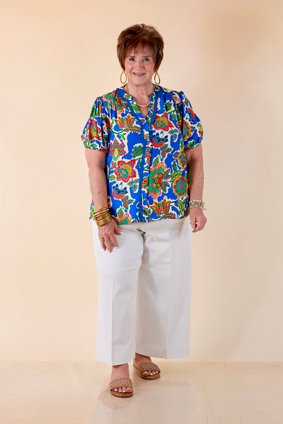 Petal Pop Floral Print Ruffle Front Button Up Top with Puff Sleeves in Royal Blue