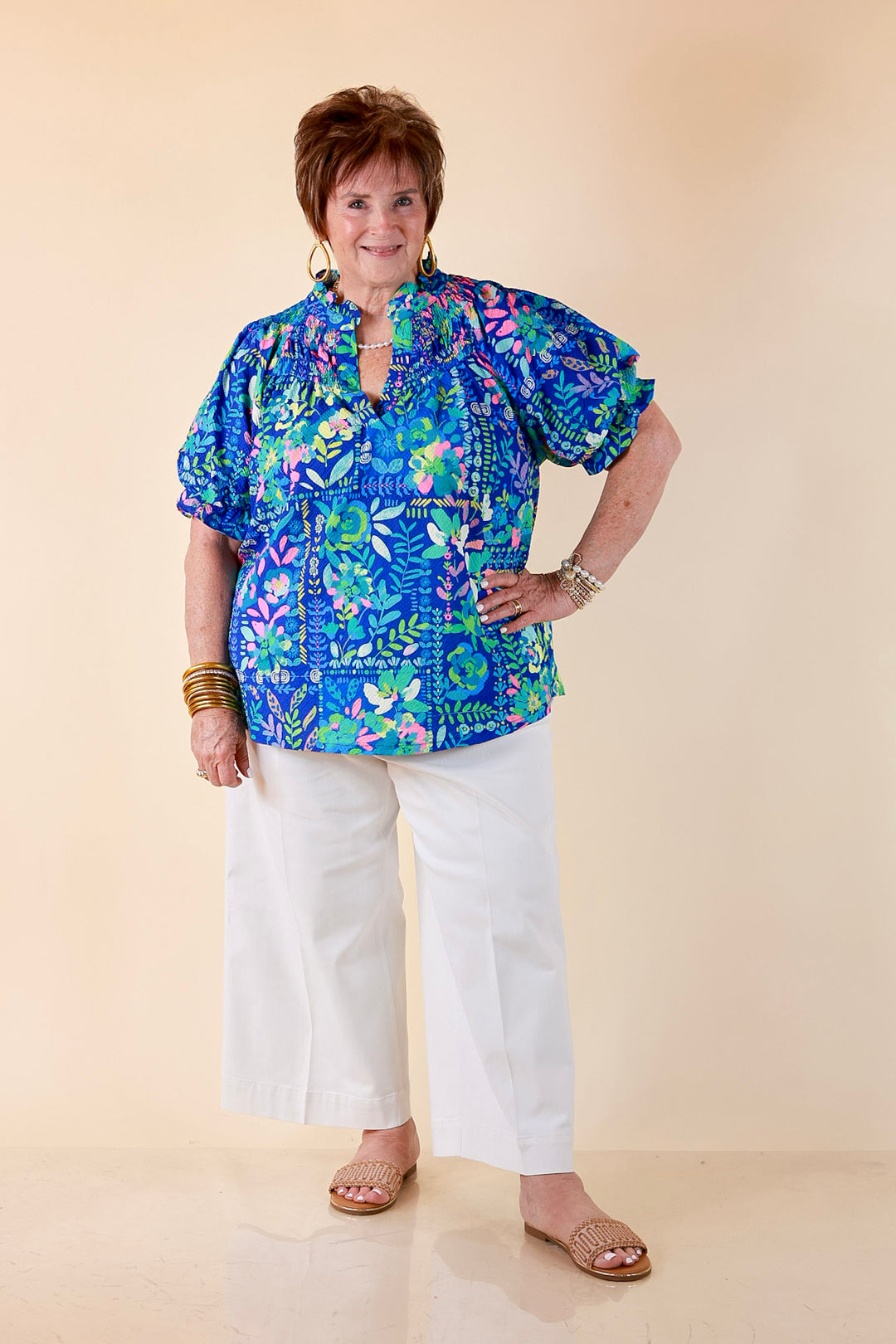 Living in Color Watercolor Floral Print Textured Top with Puff Sleeves in Royal Blue