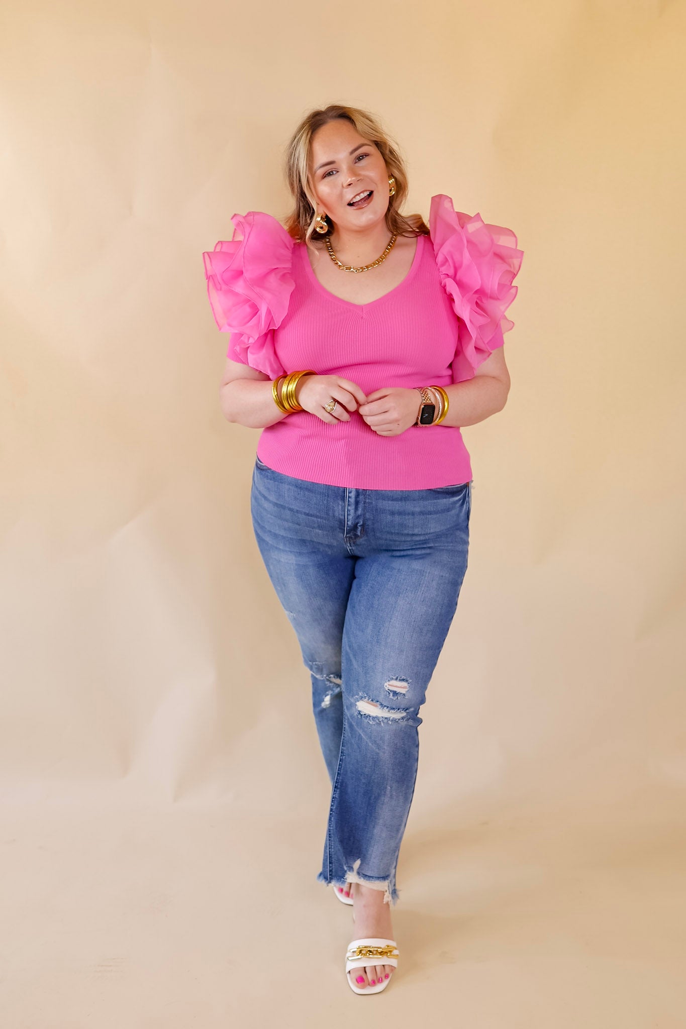 The Party Goes On Ribbed Fitted Top with Ruffle Sleeves in Pink - Giddy Up Glamour Boutique