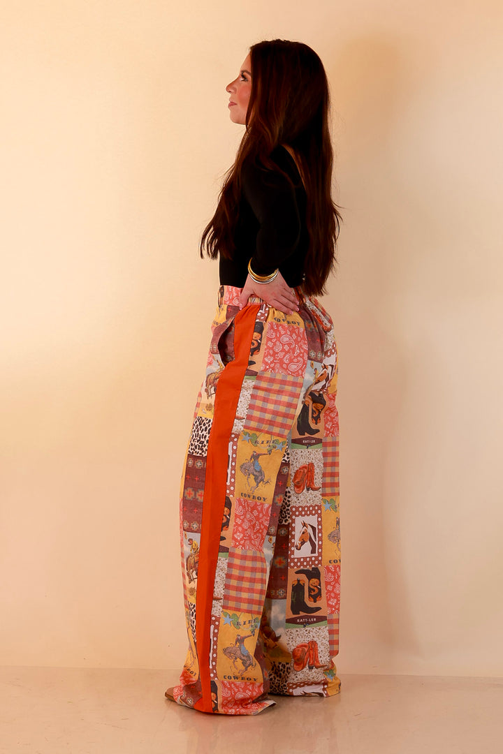 Western State of Mind Wide Leg Patchwork Cowboy Print Pants in Multicolor