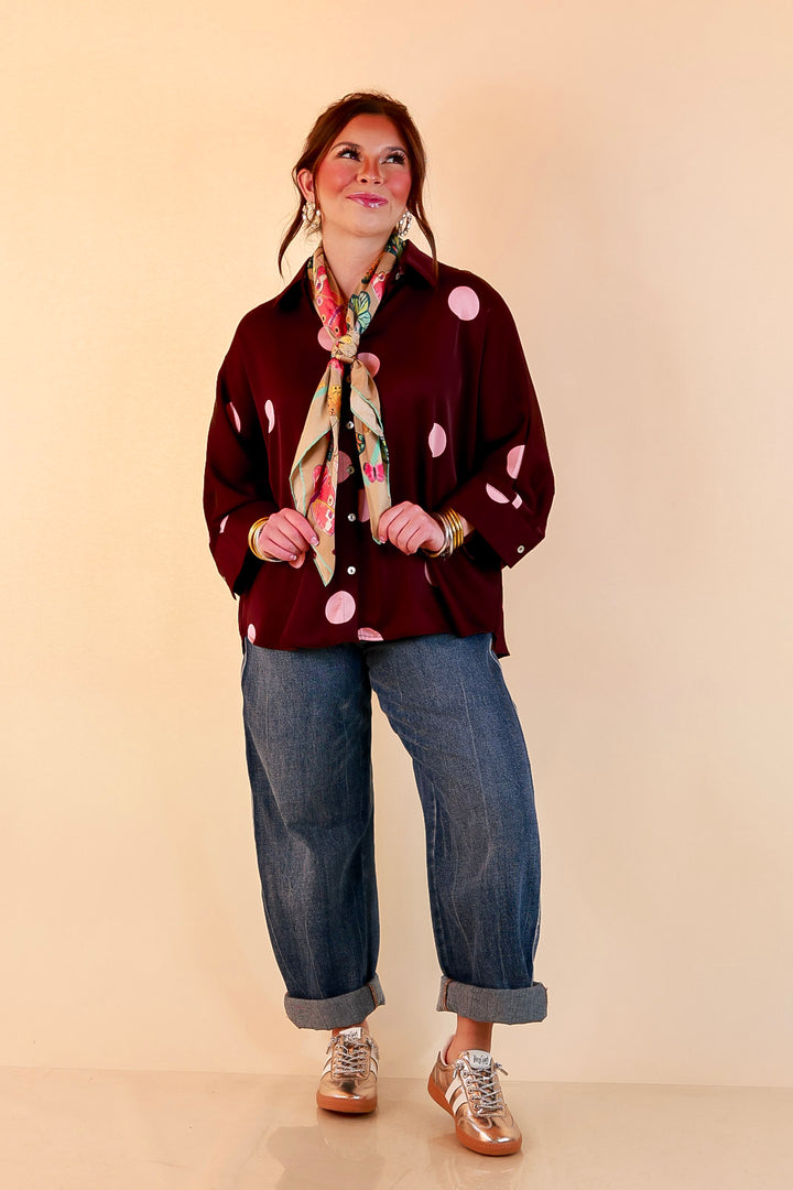 Two of a Kind Oversized Long Sleeve Button Down Blush Pink Polka Dot Blouse in Maroon