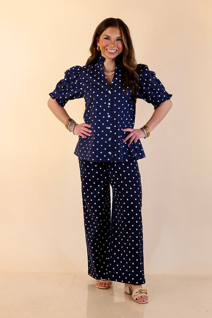 Poised and Polished Button Front Puff Sleeve Top with Polka Dot Print in Navy Blue and White