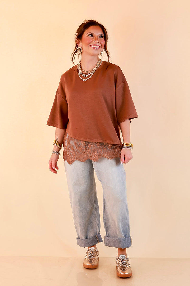 Laced with Charm Oversized Asymmetrical Lace Trim Boxy Top in Coco Brown