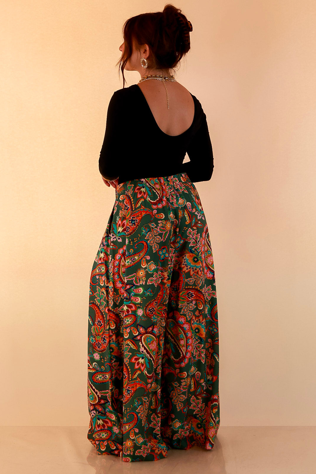 Free to Be Paisley Print Wide Leg Elastic Waist Pants in Olive Green