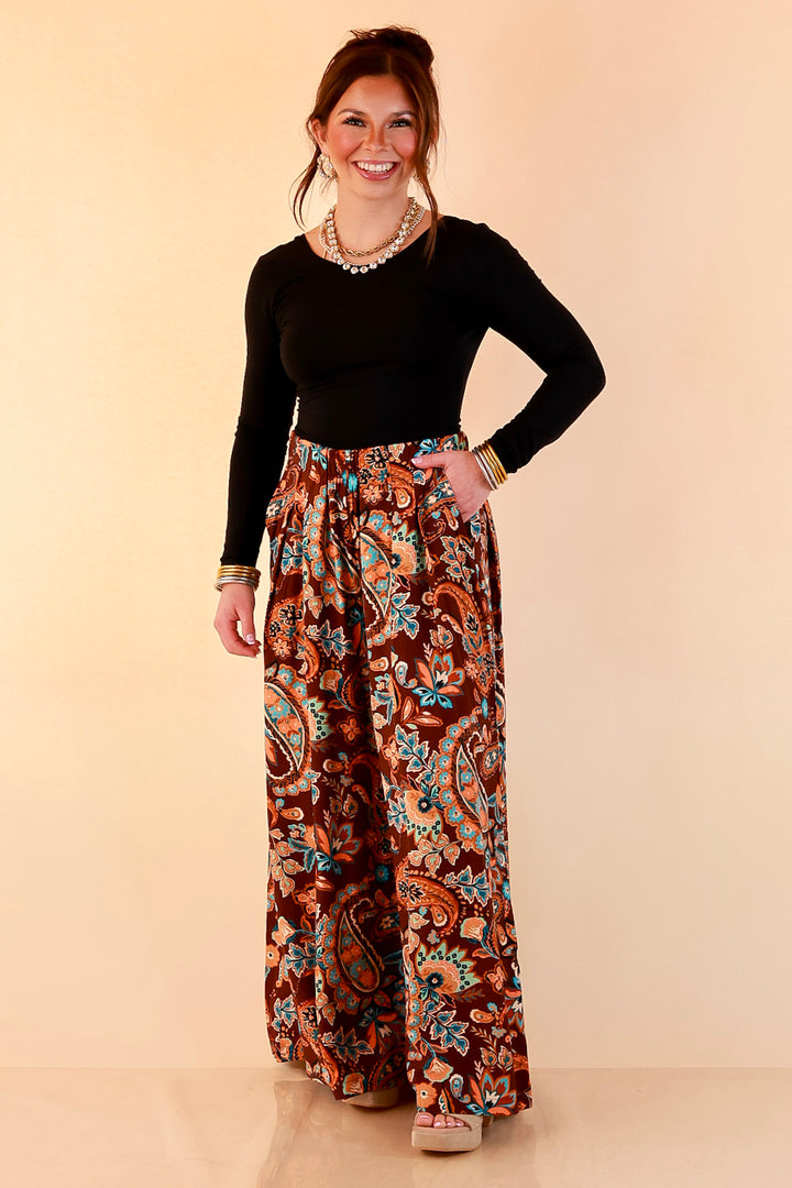 Free to Be Paisley Print Wide Leg Elastic Waist Pants in Chocolate Brown