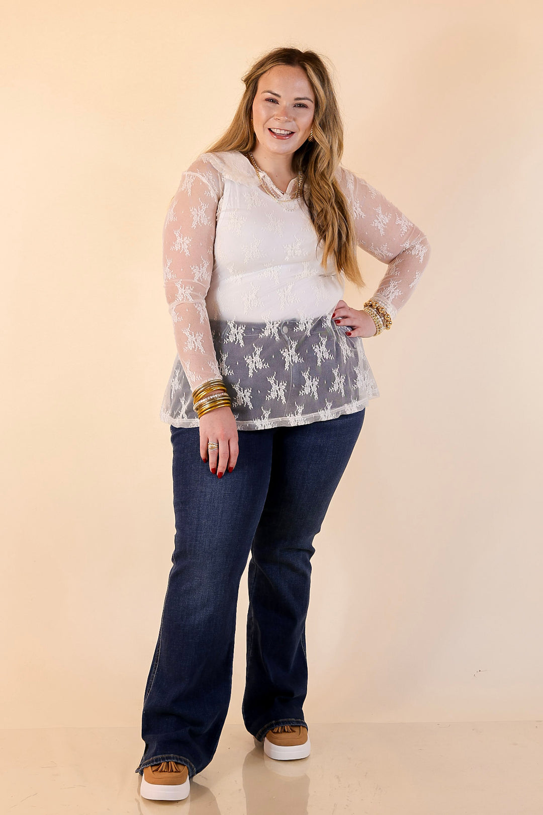Pretty and Poised Floral Print Lace Top with Ruffle Peter Pan Collar in Ivory