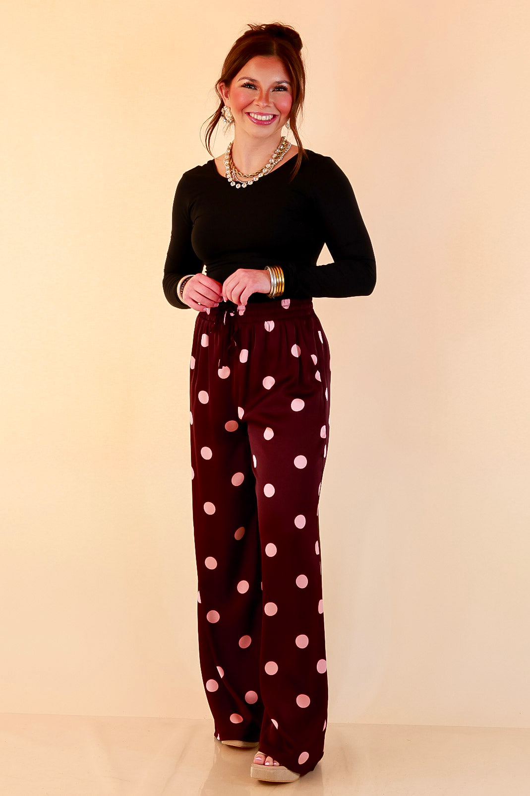 Two of a Kind Full Length Wide Leg Pull-On Drawstring Blush Pink Polka Dot Pants in Maroon