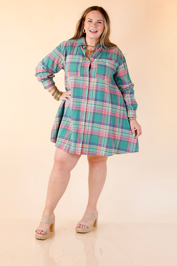 Vibrant Lifestyle Plaid Button Up Dress in Teal and Pink