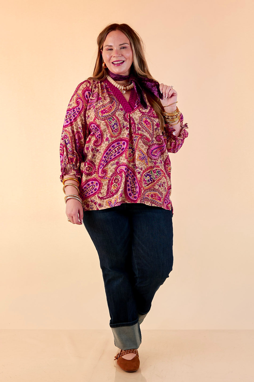 Caught My Eye Ruffle Contrast Stripe Detail Neck Balloon Sleeve Paisley Print Blouse in Fuchsia Pink Multi