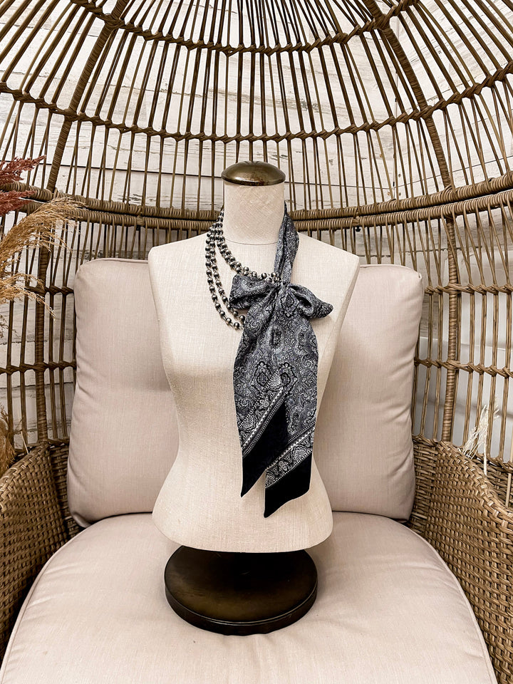 Wyoming Traders | Paisley Print Silk Twilly Scarf in Silver and Black