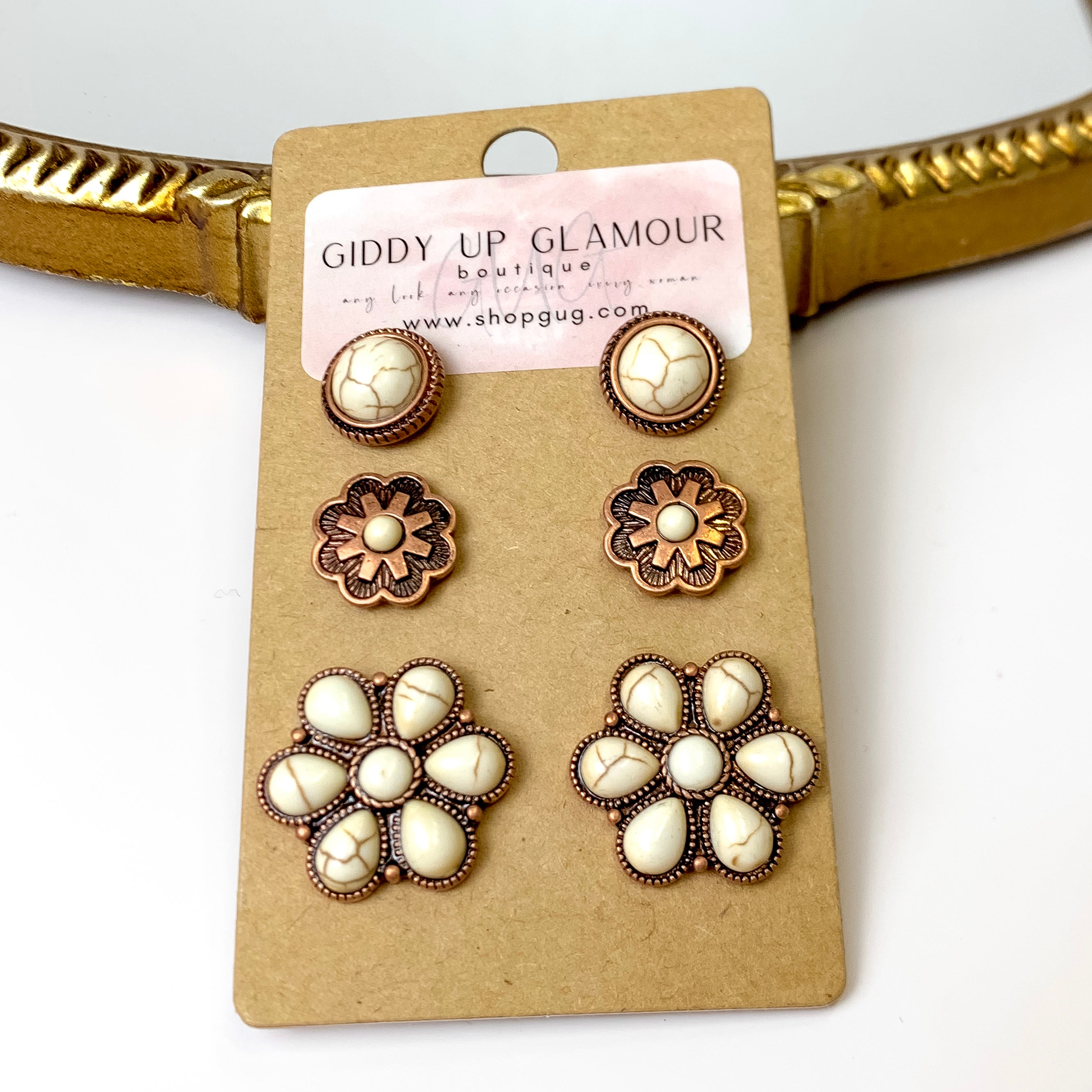 Set Of Three | Flower and Stone Copper Tone Earring Set in Ivory - Giddy Up Glamour Boutique
