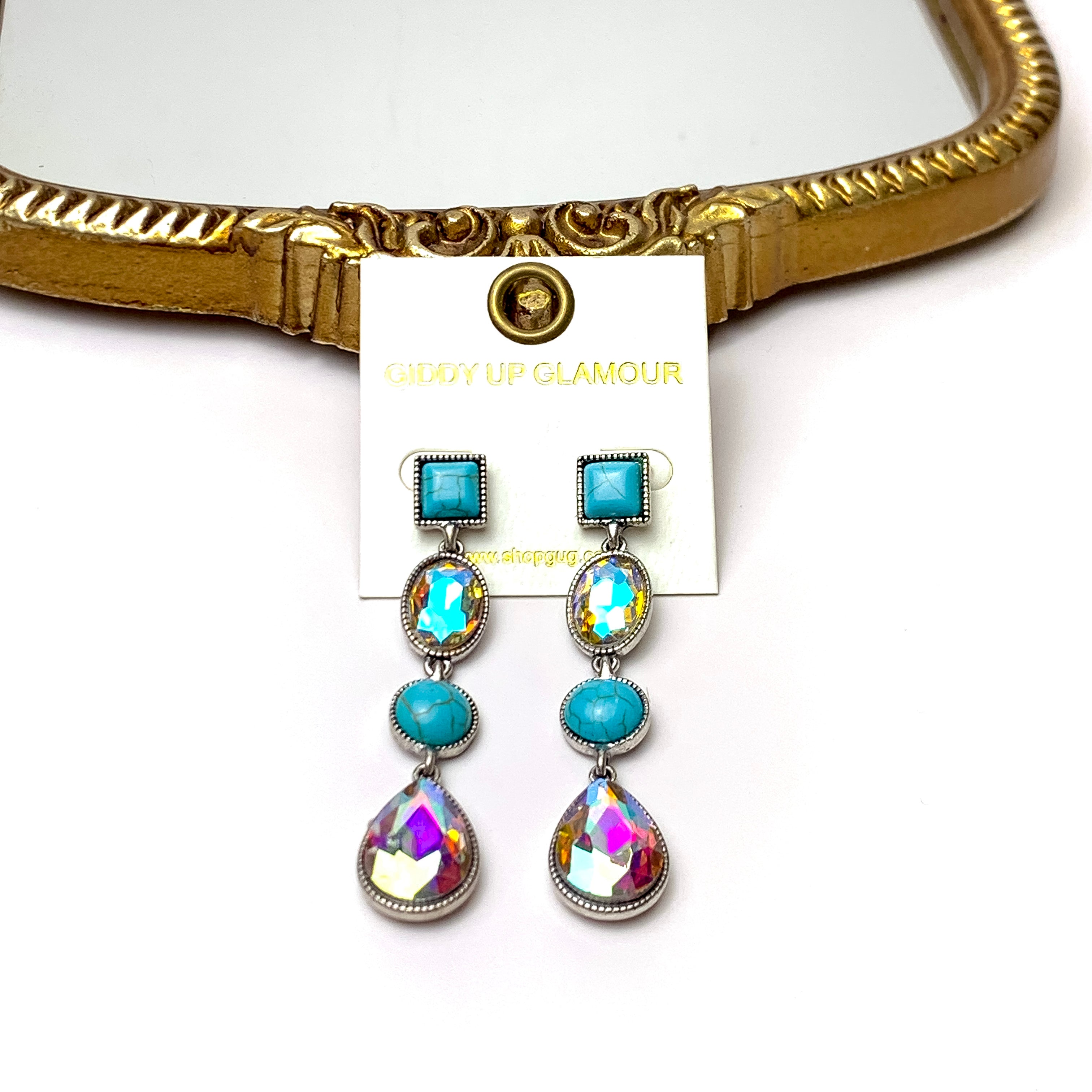 4 Tier Square Post Faux Turquoise and AB Crystal Dangle Earrings - Giddy Up Glamour Boutique