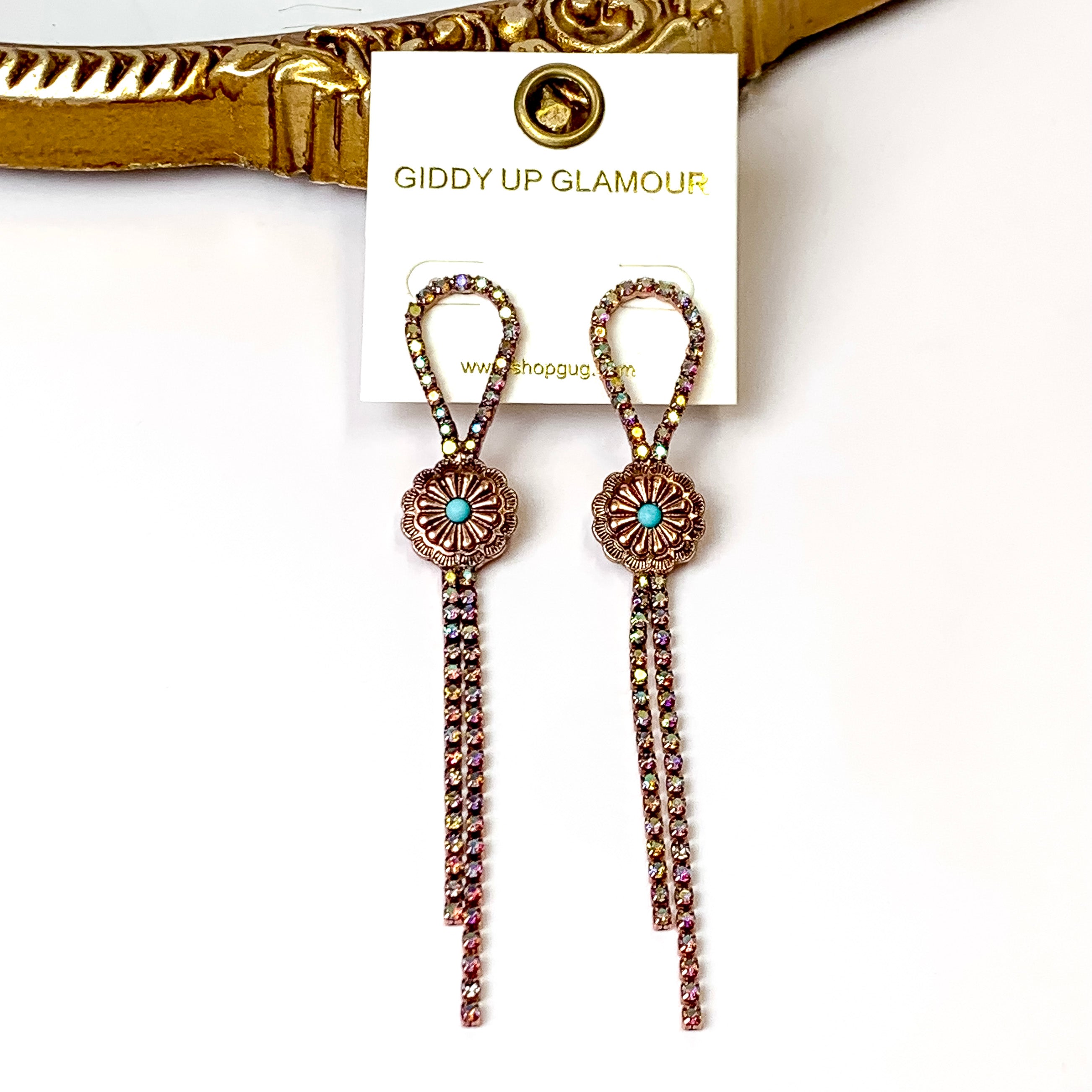 AB Crystal Bolo Tie Tassel Earrings with Circle Concho in Copper Tone - Giddy Up Glamour Boutique