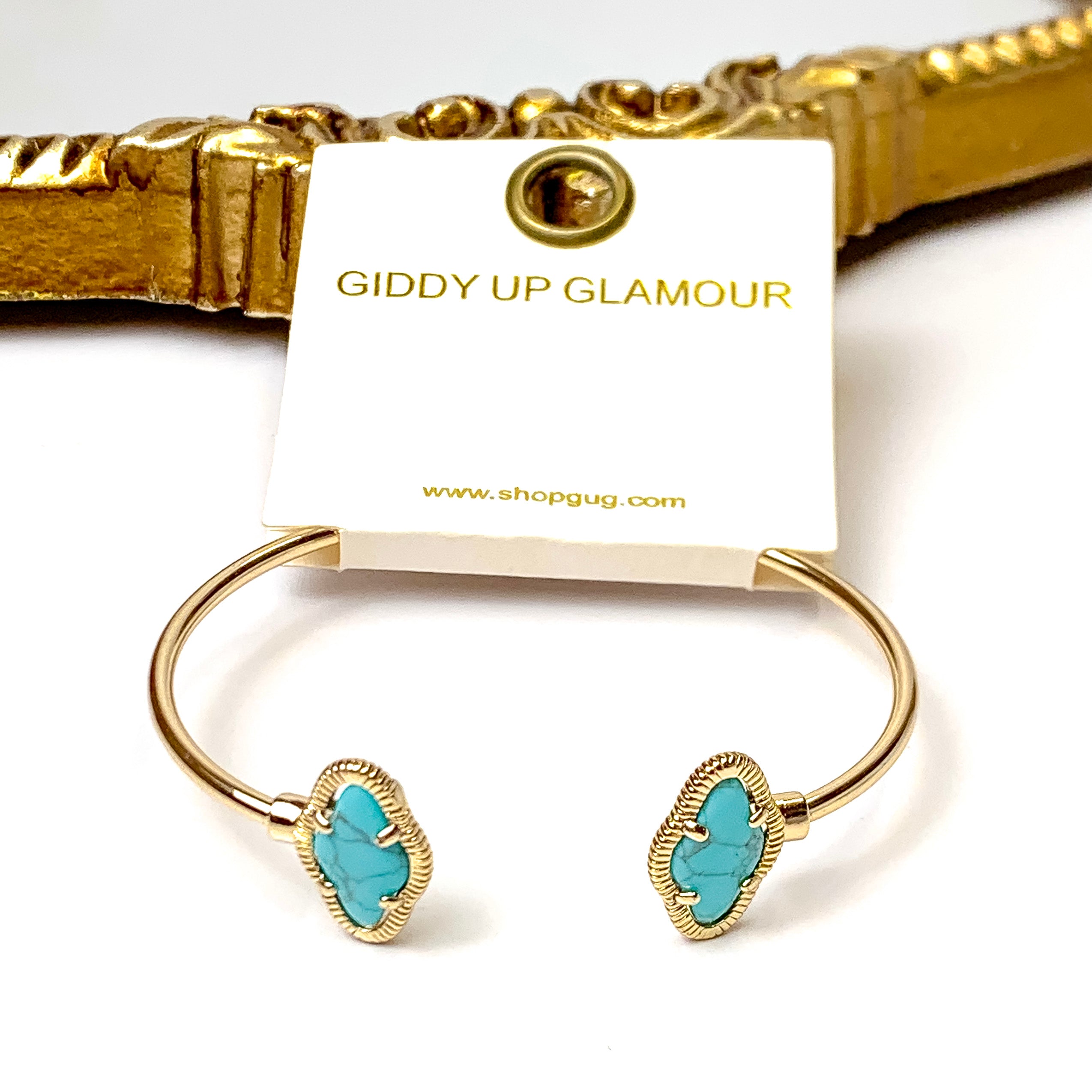 Gold Tone Quatrefoil Cuff Bracelet in Turquoise - Giddy Up Glamour Boutique