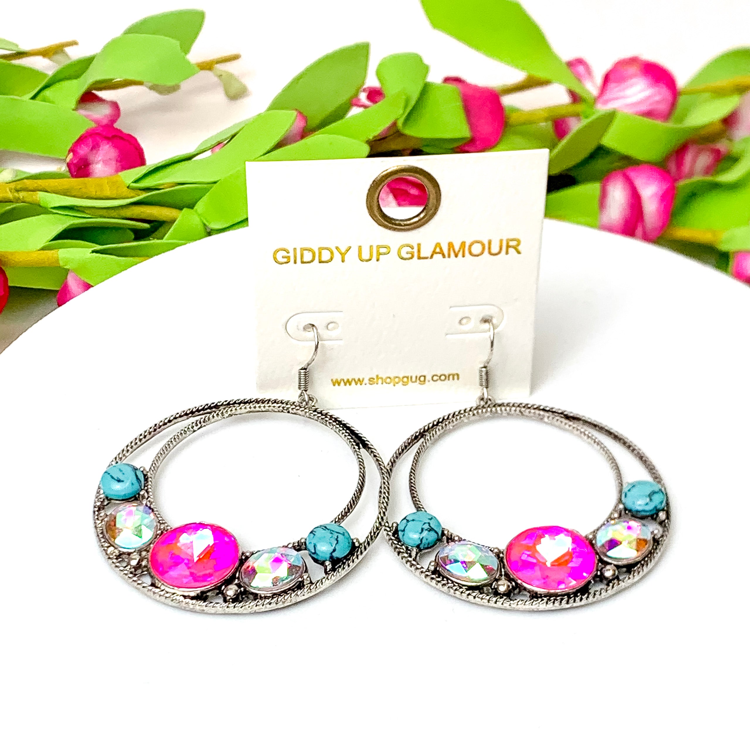 Ethereal Edge Copper Tone Circle Drop Earrings with Faux Turquoise Stones in Fuchsia Pink