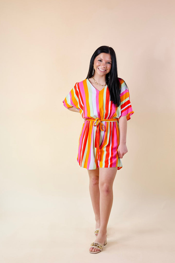 Sun And Shade Striped Romper with Short Sleeves in Pink Mix - Giddy Up Glamour Boutique