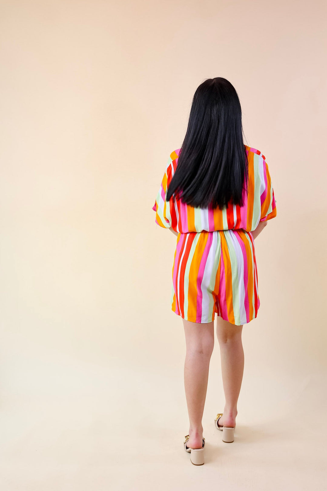 Sun And Shade Striped Romper with Short Sleeves in Pink Mix - Giddy Up Glamour Boutique