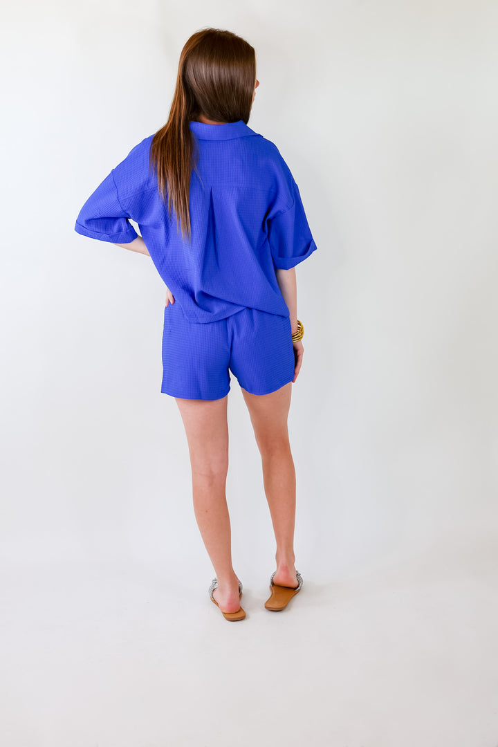 Time To Go Waffle Weave Button Up Top in Royal Blue - Giddy Up Glamour Boutique