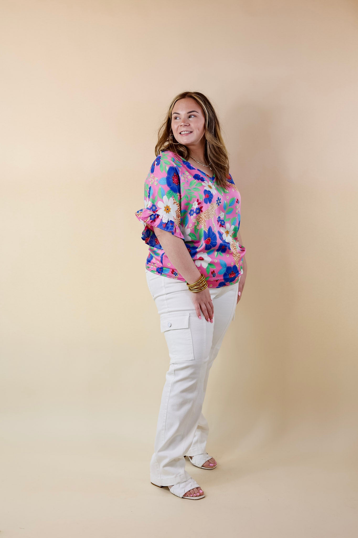Best Version Floral and Cheetah Print V Neck Top with Ruffle Short Sleeves in Pink - Giddy Up Glamour Boutique