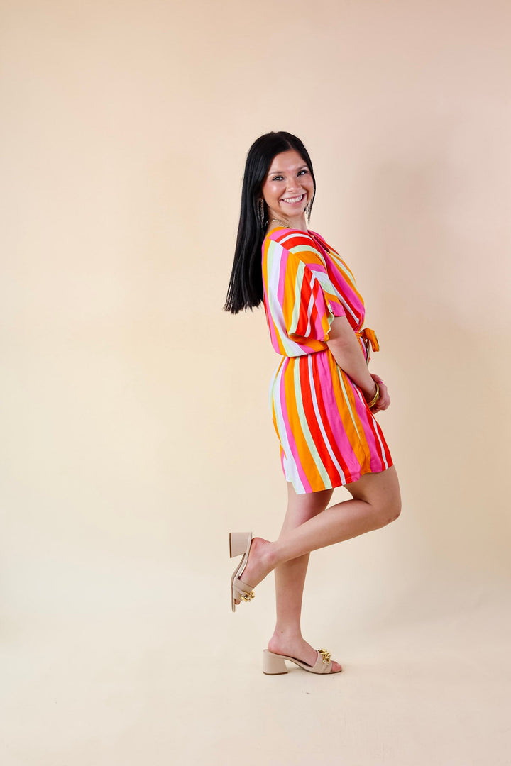 Sun And Shade Striped Romper with Short Sleeves in Pink Mix - Giddy Up Glamour Boutique