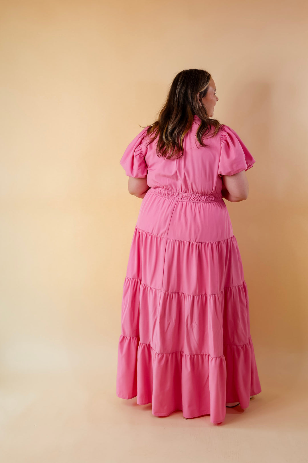 Table for Two Tiered Maxi Dress with Puff Sleeves in Bubblegum Pink - Giddy Up Glamour Boutique