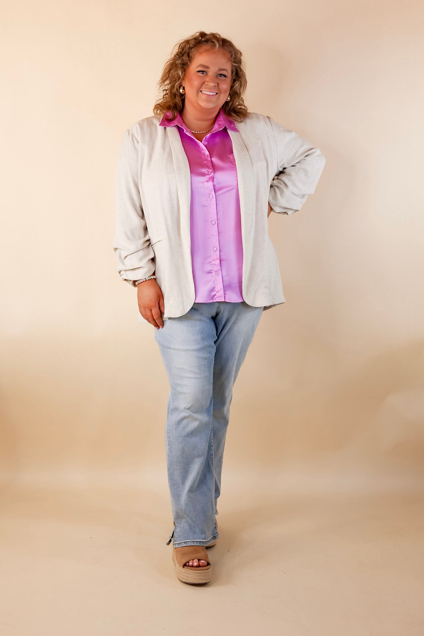 Promise Me Open Front Linen Blazer in Beige - Giddy Up Glamour Boutique