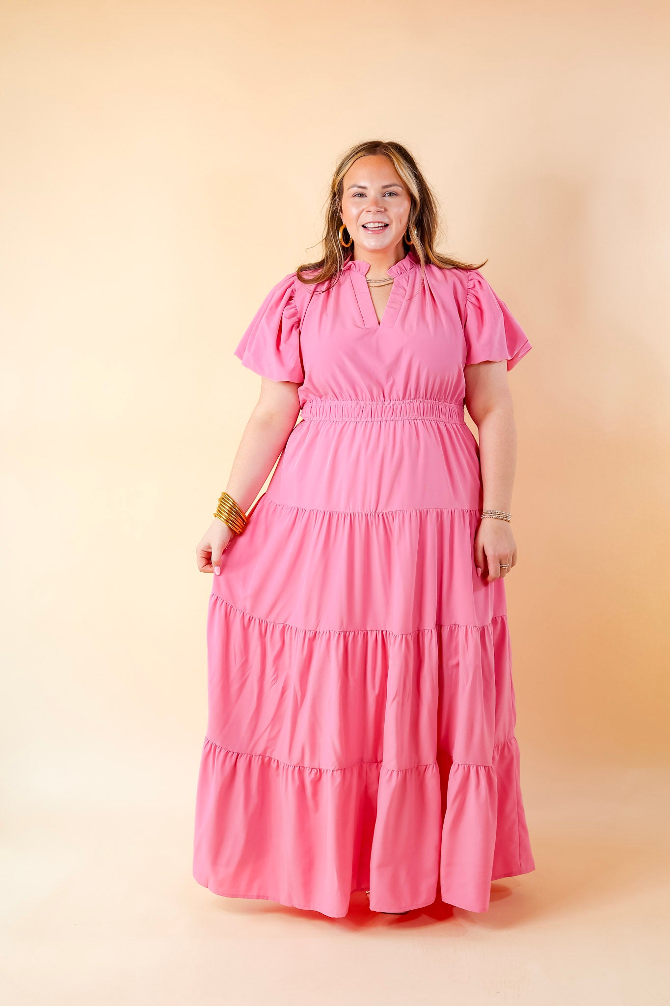 Table for Two Tiered Maxi Dress with Puff Sleeves in Bubblegum Pink - Giddy Up Glamour Boutique