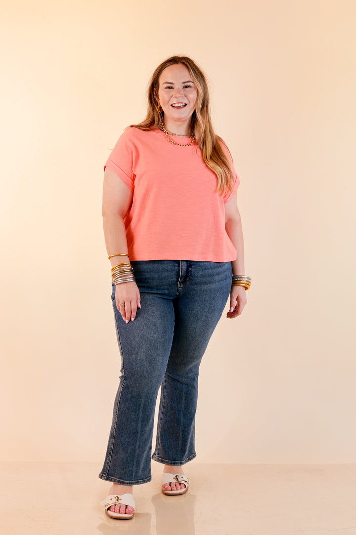Laidback Luxe Rolled Drop Sleeve Relaxed Fit Basic Short Sleeve Top in Coral Orange