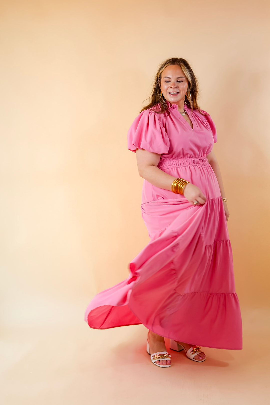 Table for Two Tiered Maxi Dress with Puff Sleeves in Bubblegum Pink - Giddy Up Glamour Boutique