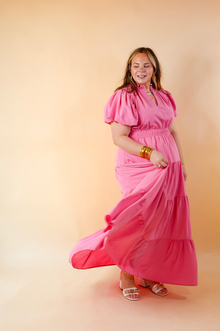 Table for Two Tiered Maxi Dress with Puff Sleeves in Bubblegum Pink - Giddy Up Glamour Boutique