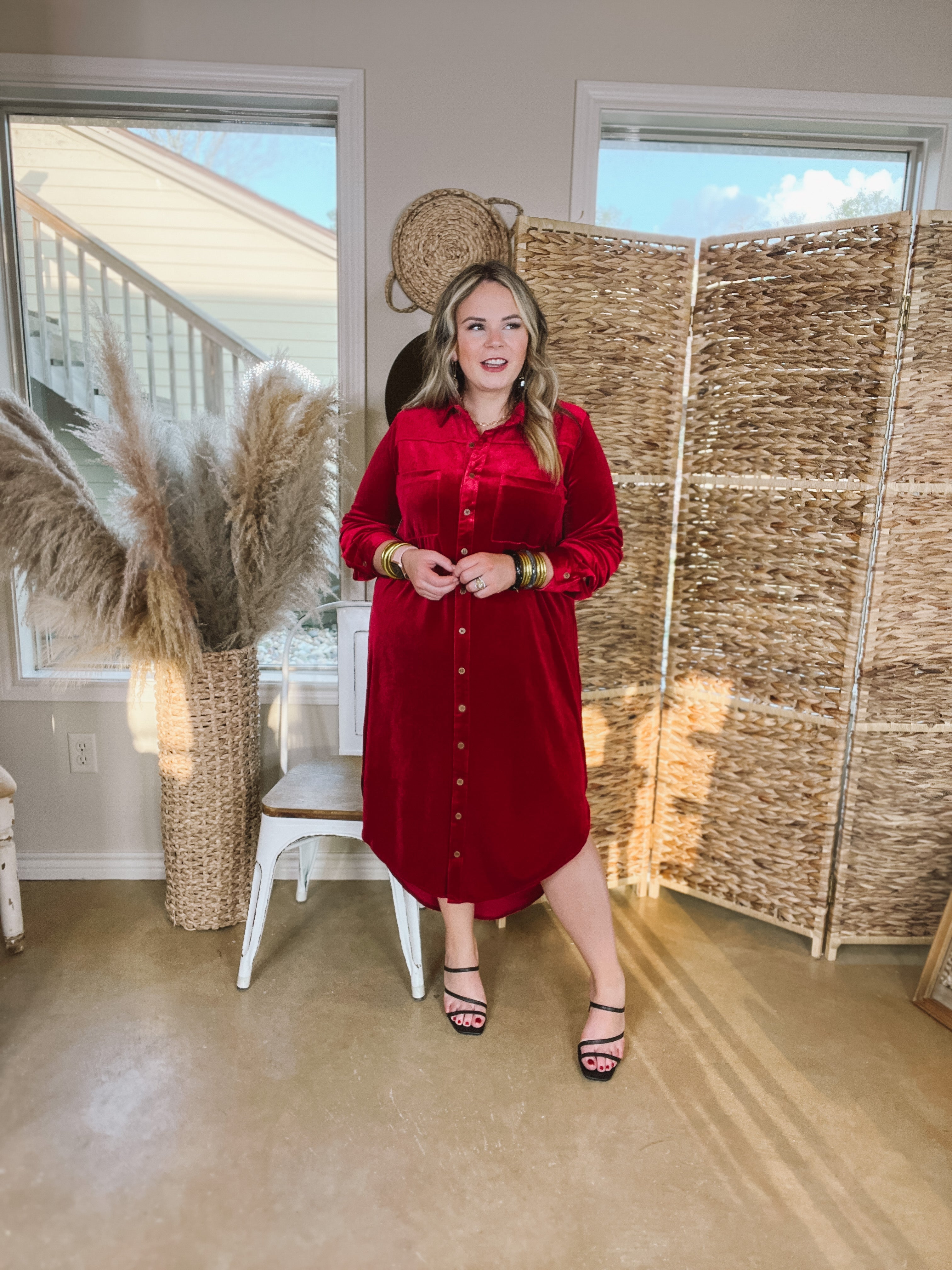 Plus Sizes | London Fog Velvet Button Up Midi Dress with Long Sleeves in Red - Giddy Up Glamour Boutique