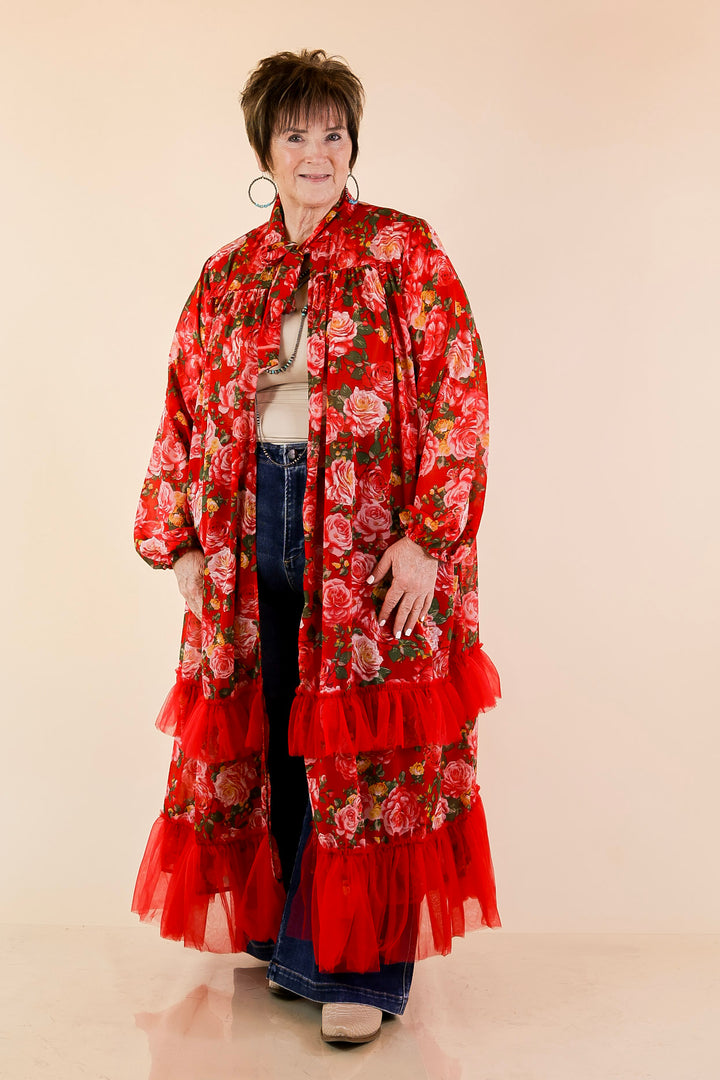 Scarlet Romance Neck Tie Closure Red Rose Floral Drape Statement Kimono Cape in Red