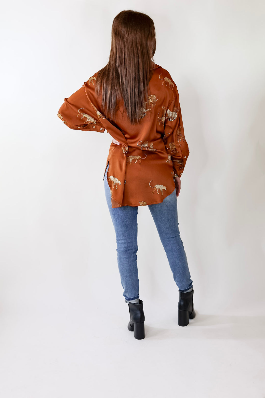 Tell Me Something Good Cheetah Print Long Sleeve Button Up Top in Camel Brown - Giddy Up Glamour Boutique
