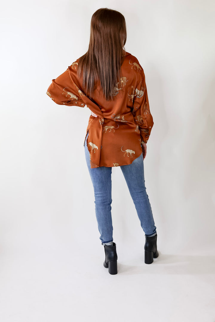 Tell Me Something Good Cheetah Print Long Sleeve Button Up Top in Camel Brown - Giddy Up Glamour Boutique
