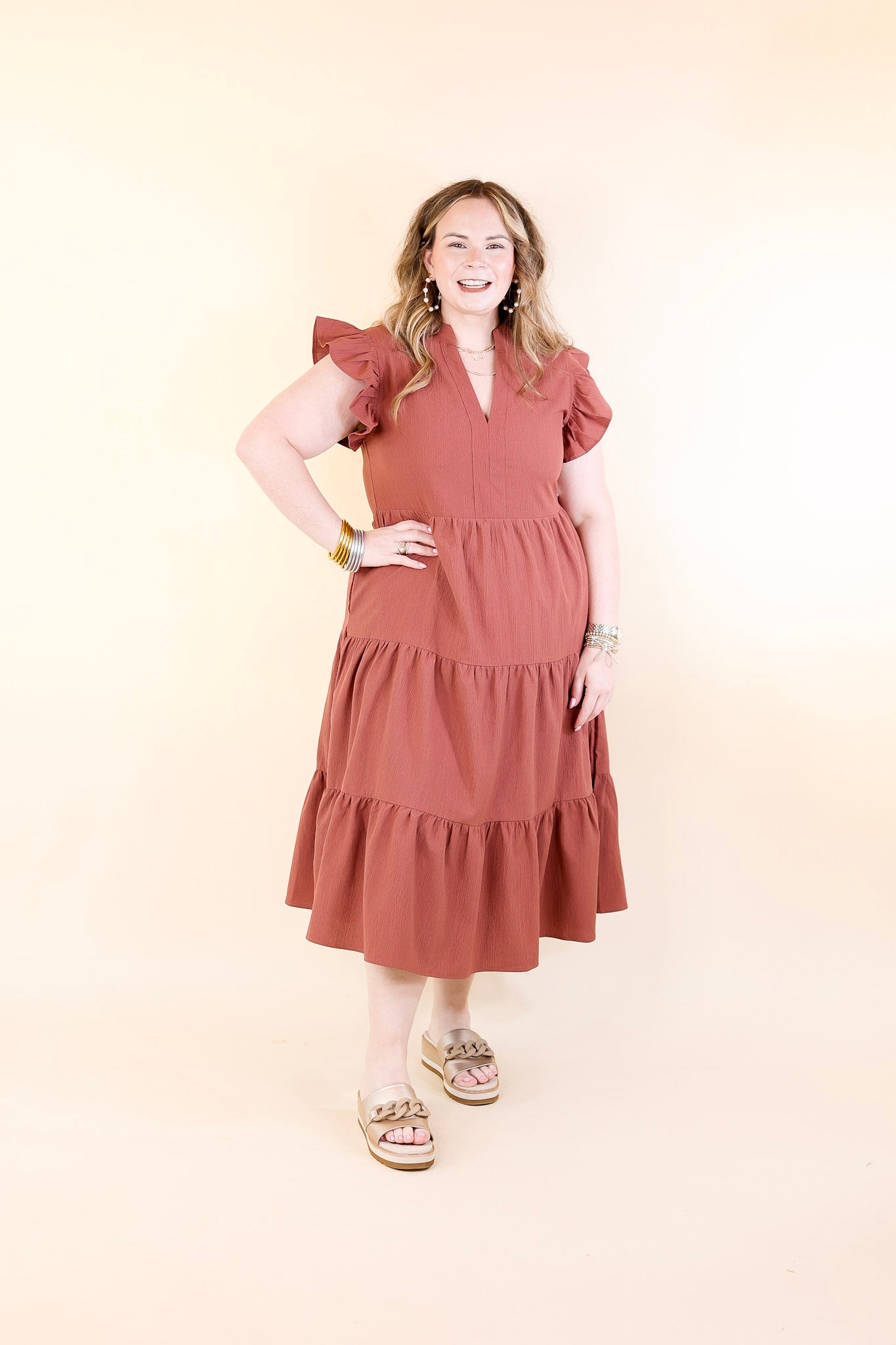 Magnolia Morning Ruffle Cap Sleeve Tiered Midi Dress in Cinnamon (Rust/Clay/Brown)