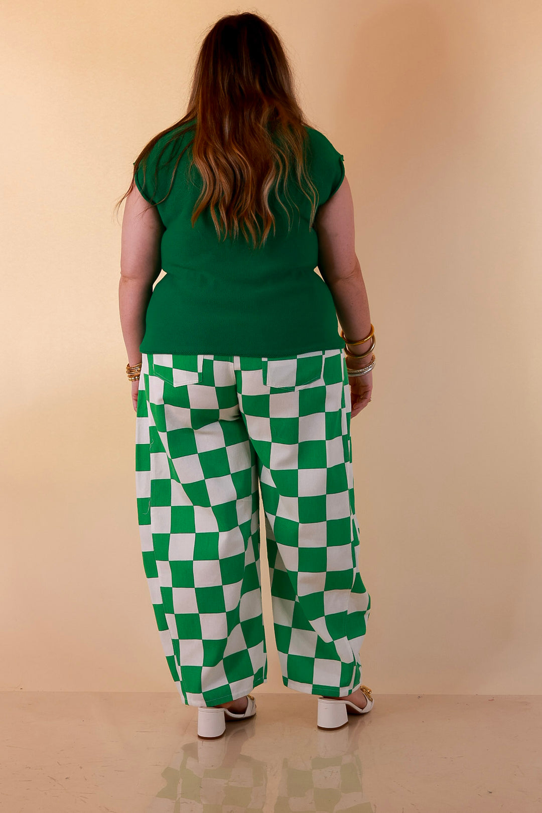 Check Me Out Wide Leg Checkered Print Barrel Denim Jean in Green