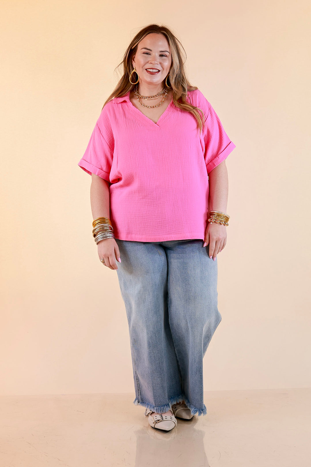 Quite Appropriate Short Sleeve Collared V Neck Linen Top with Rolled Sleeve Detail in Pink