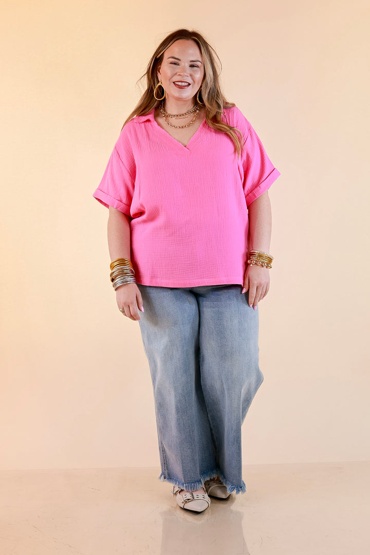 Quite Appropriate Short Sleeve Collared V Neck Linen Top with Rolled Sleeve Detail in Pink